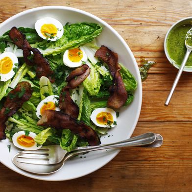 Romaine Salad with Bacon, 5-Minute Eggs, and Pesto Dressing