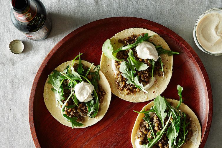 Mushroom-Lentil Tacos with Tahini Yogurt Sauce