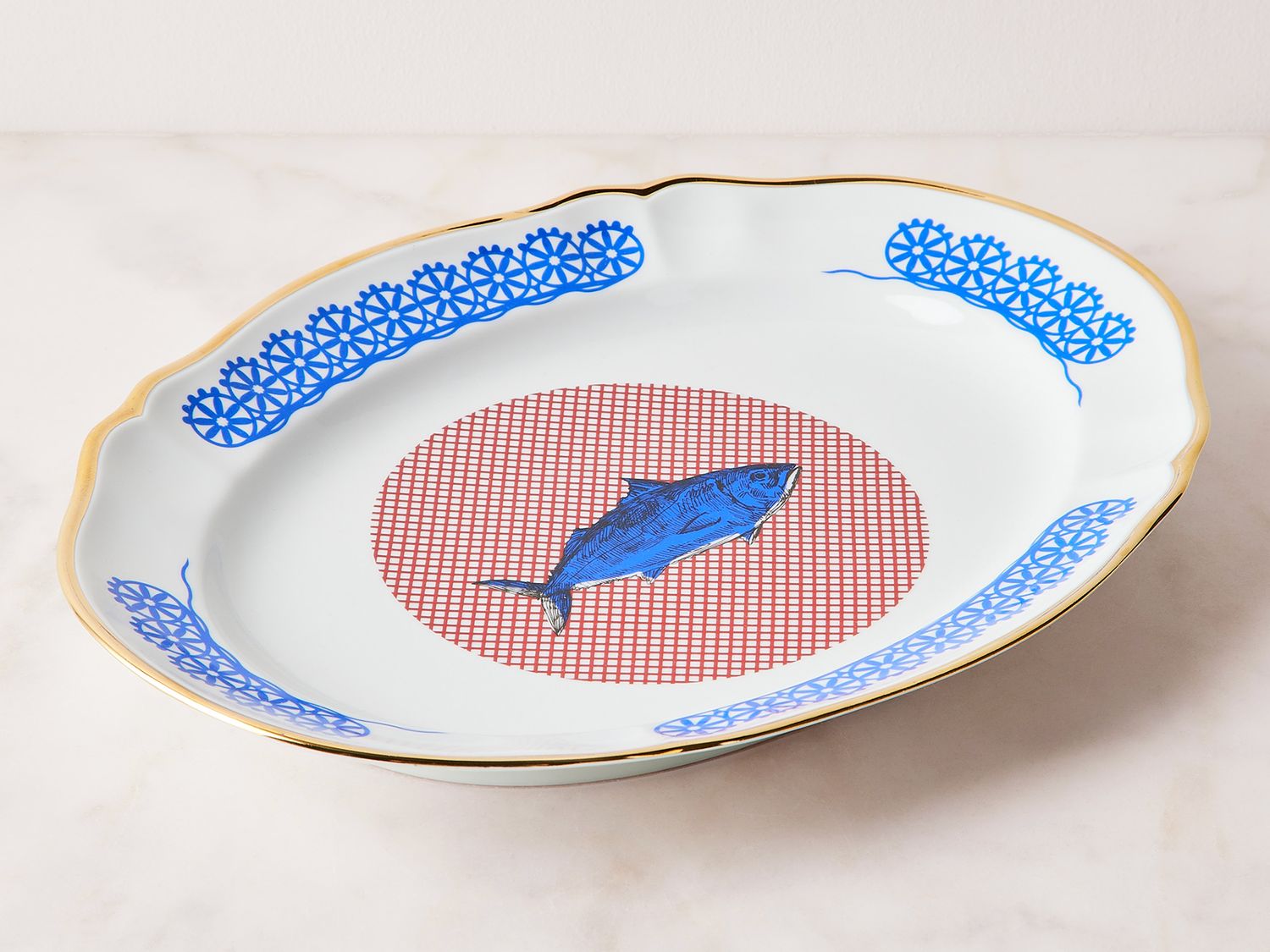 Bitossi Round Fish Platter With Gold Rim, Porcelain