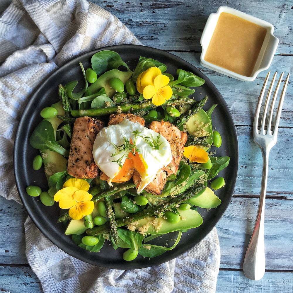 Green spring salad with salmon and a rhubarb-miso dressing