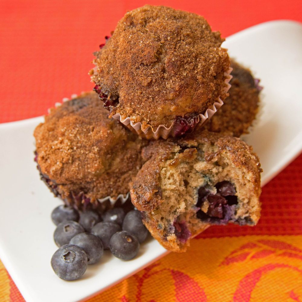 fresh banana and blueberry muffins with streusel topping