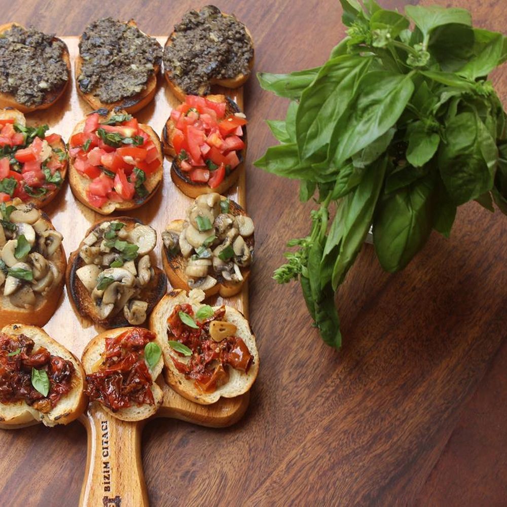 bruschetta platter (with tomato & basil, mushroom & thyme, olive-caper tapenade,