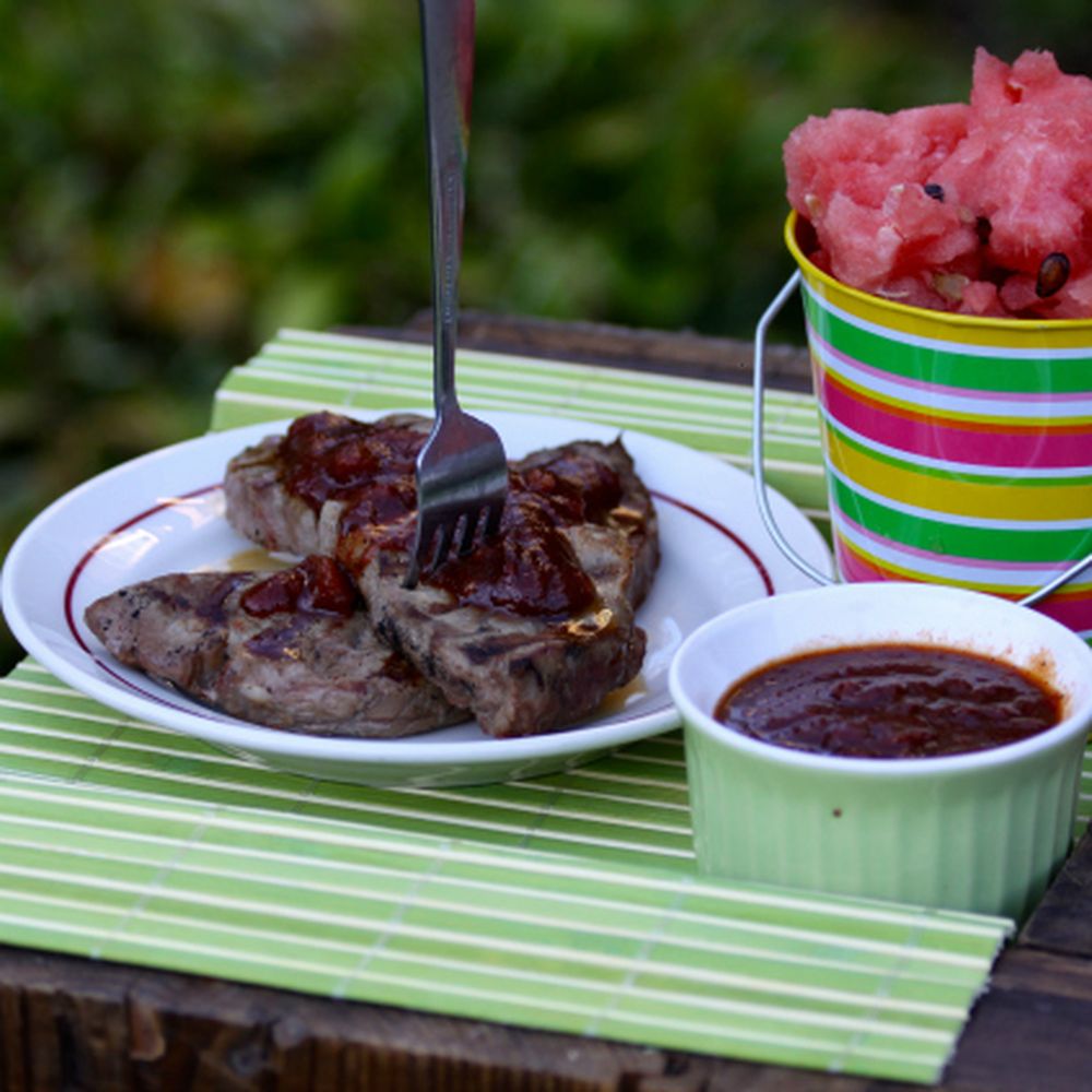 sizzling steaks with watermelon bbq sauce