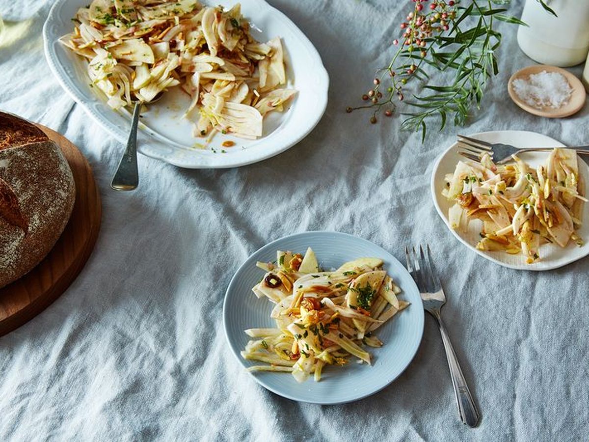 Shaved Fennel and Apple Salad with Sultanas, Mint, and Almonds 