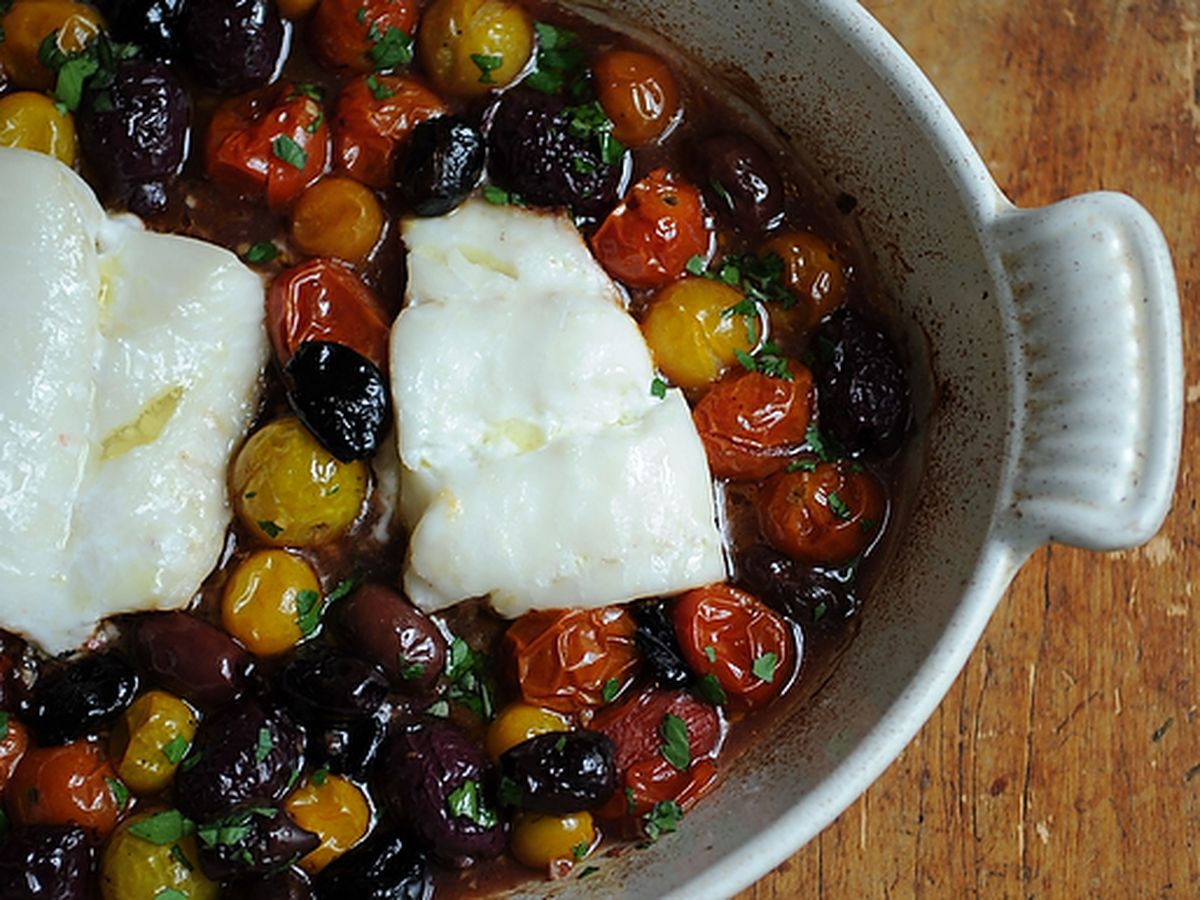 Roast Cod with Little Tomatoes and Assorted Olives