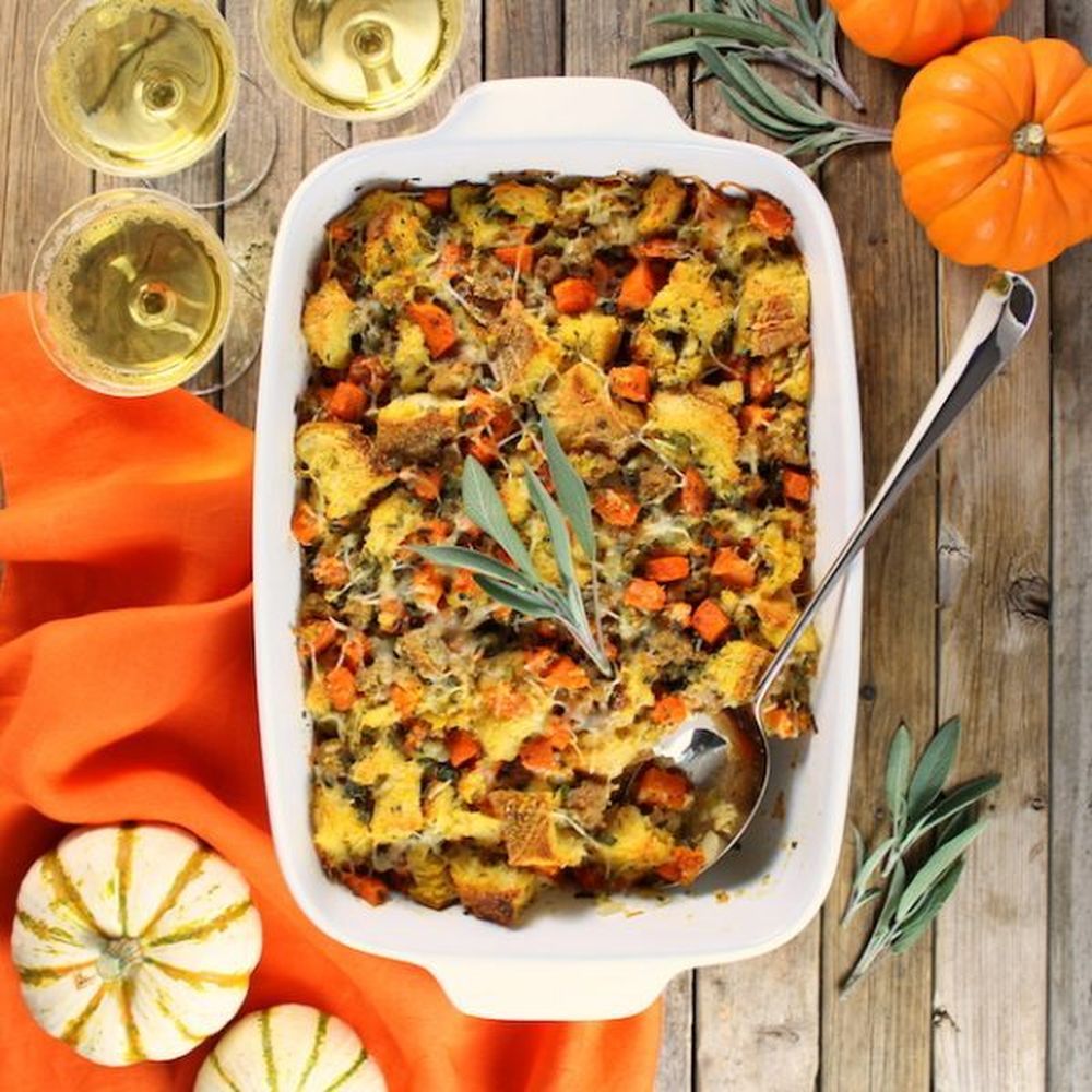 Baked butternut squash with italian sausage stuffing