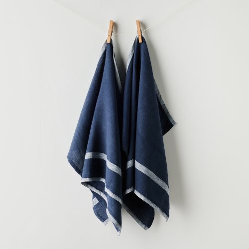 Caravan Laundered Linen Towels - Set of 2 - Aqua/Charcoal