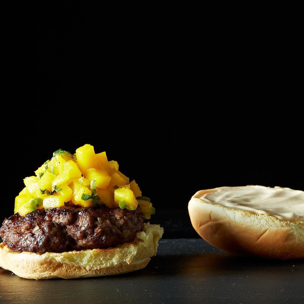 Glazed five spice burger with gingery mangos