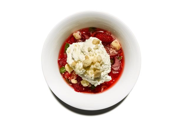 Honey-and-Ricotta Mousse With Strawberry-Rhubarb Broth
