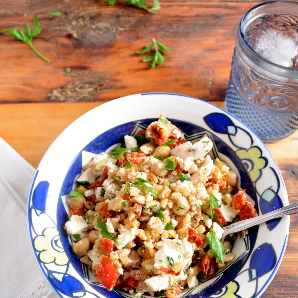 farro-chicken salad with chick peas, feta, and sun-dried tomatoes