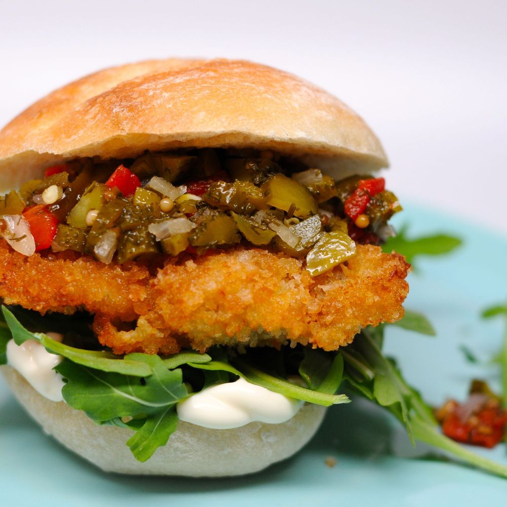 fried chicken and homemade pickle relish sandwich