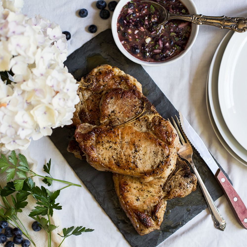 pan-seared pork chops with blueberry herb sauce