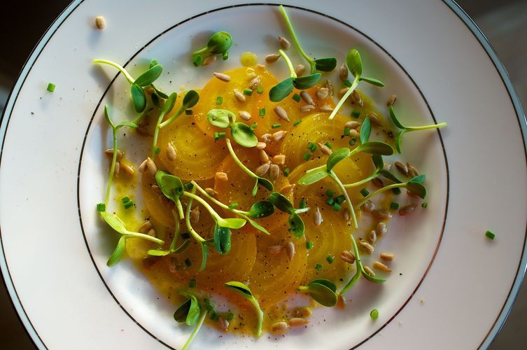 Yellow Beet Carpaccio with Sunflower Sprouts from Food52