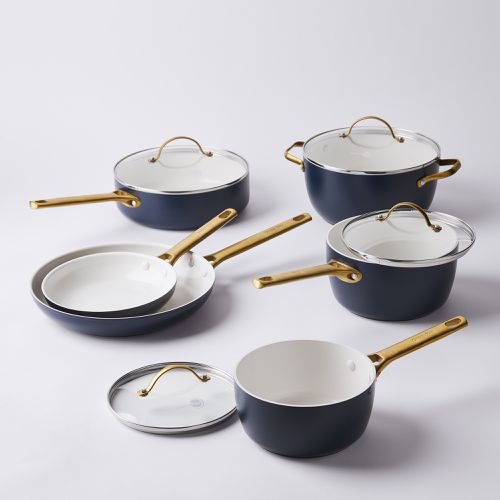 Reserve Ceramic Nonstick 10-Piece Cookware Set, Sky Blue with Gold-To