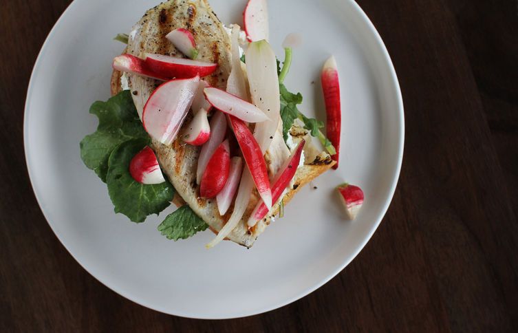 Grilled Chicken Sandwich with Radish Pickles + Greens on Food52