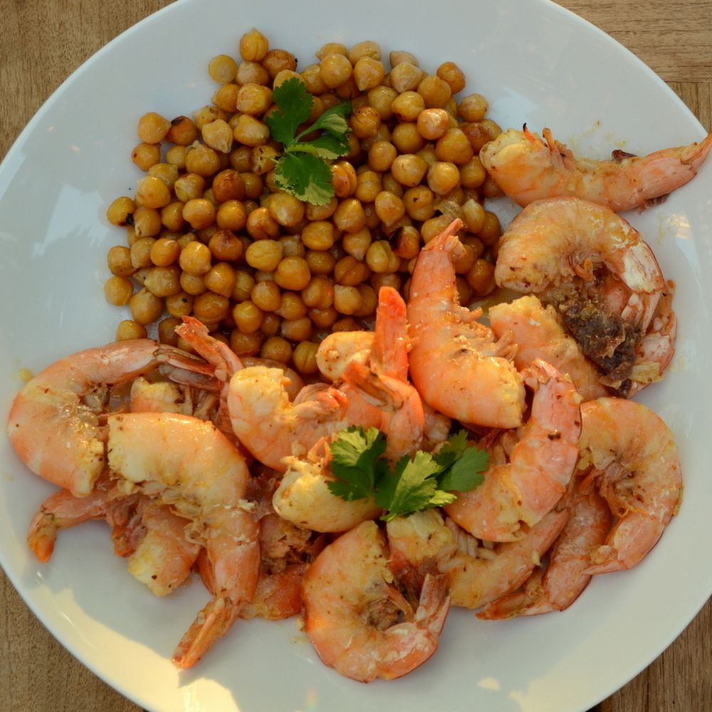 spiced and grilled shrimp and beans