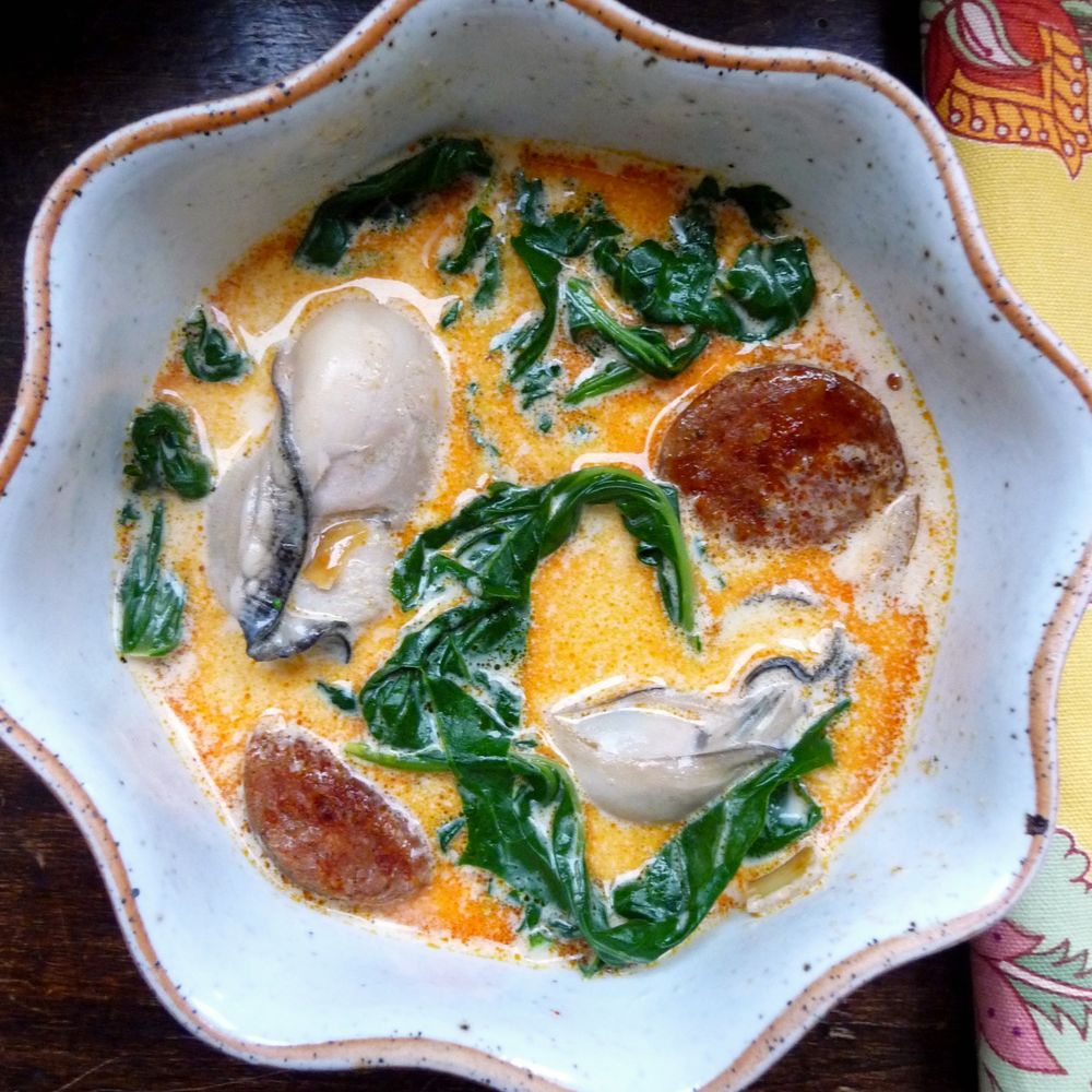 oyster stew with chorizo and spinach