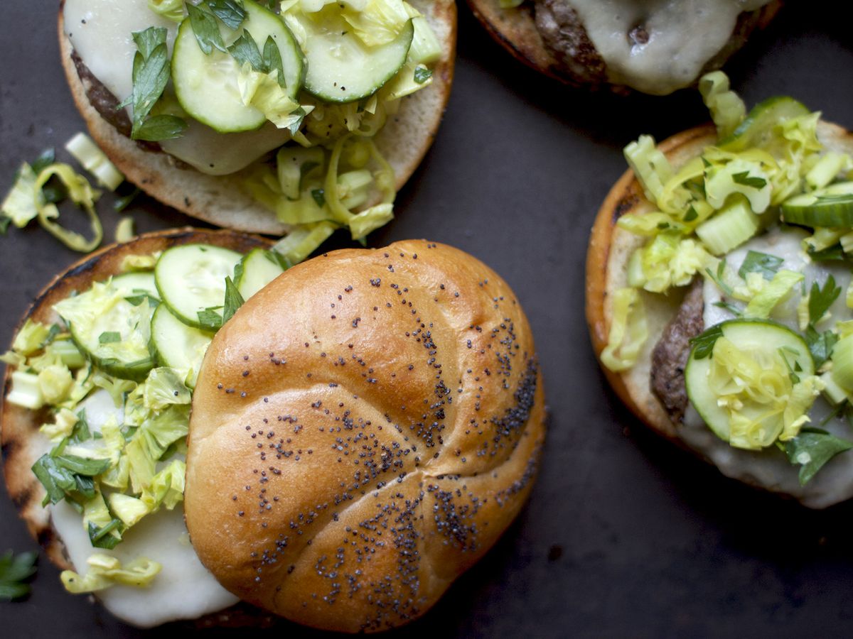 Burgers with Cucumber-Celery Slaw and Havarti