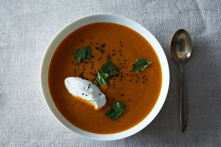 Carrot, Sweet Potato, and Red Lentil Soup with Moroccan Flavors from Food52