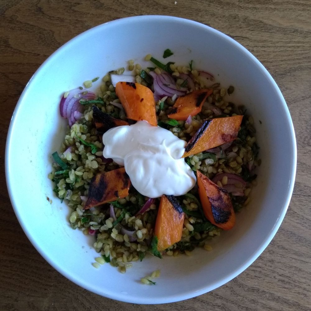 mung beans with roasted carrots and yogurt