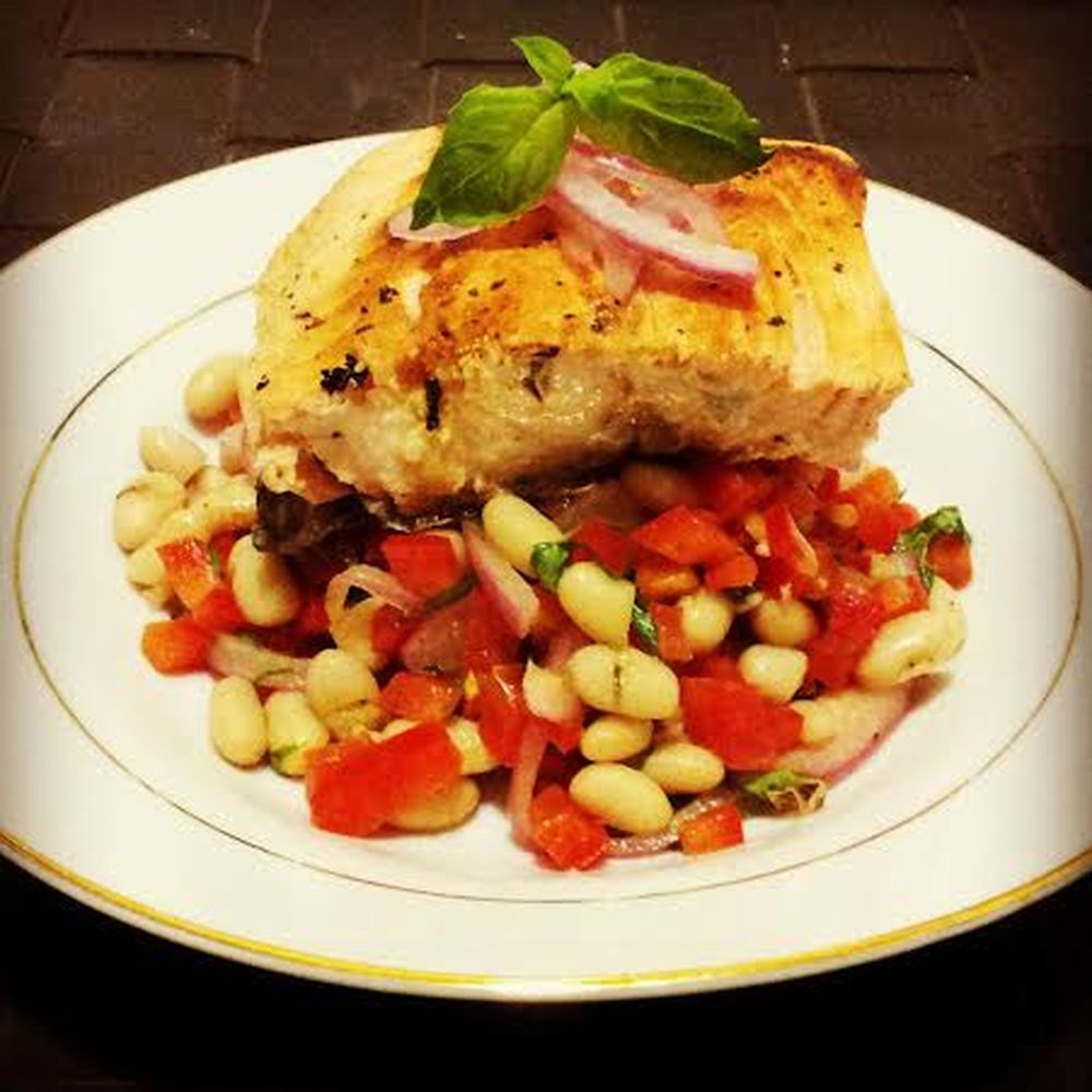 seared  dijon salmon with pickled onions & white beans