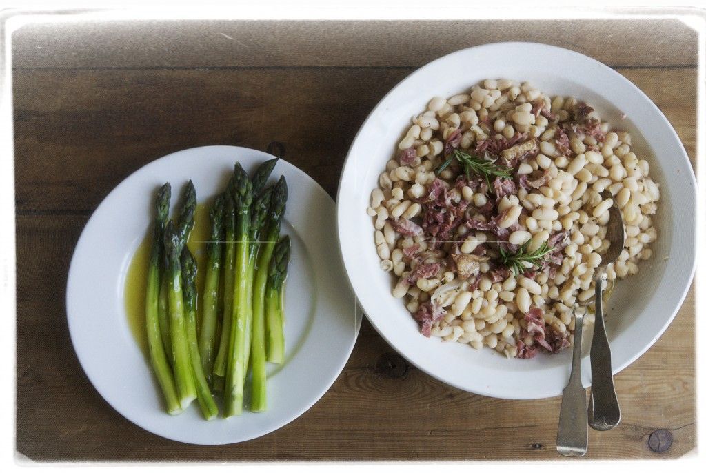 Cannellini beans cooked with smoked ham and rosemary, and fat asparagus dressed with a really good olive oil