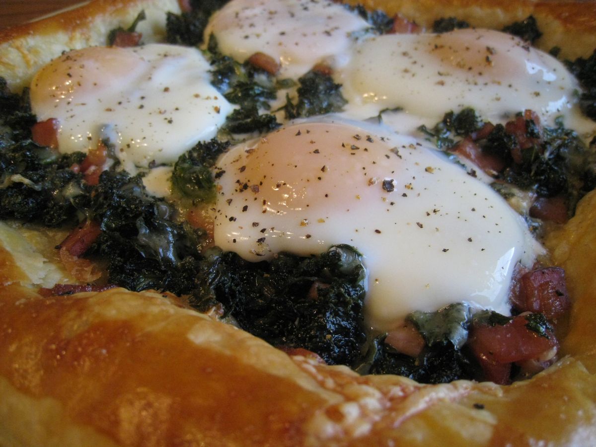 Maple-Balsamic Kale and Egg Brunch Tart With Canadian Bacon and Sharp White Cheddar