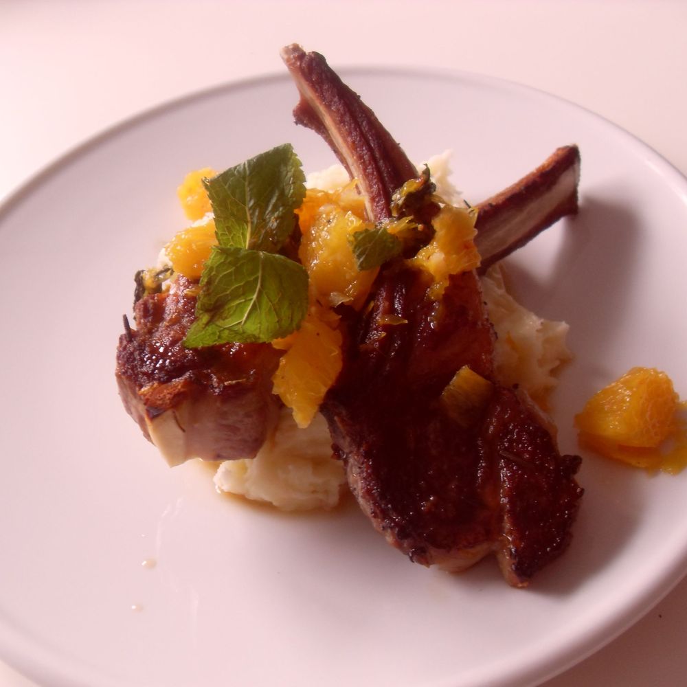 Lamb chops with blood orange and mint compote and feta mash potatos