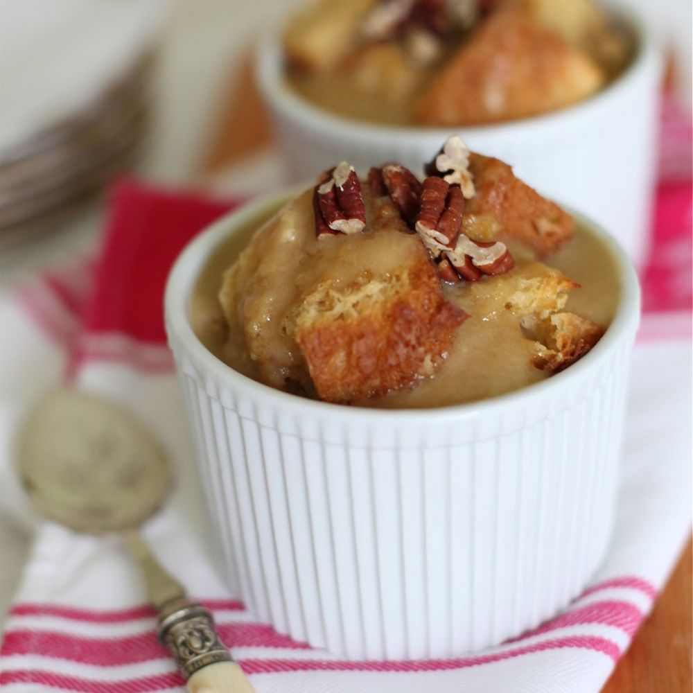 amaretto bread pudding with a maple rum butter sauce