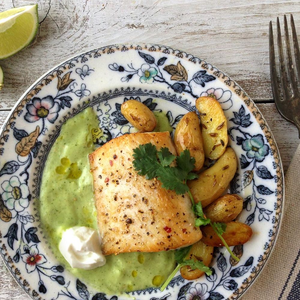 pan seared fish with avocado cucumber sauce and fingerling potatoes