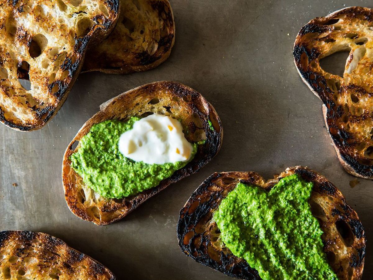 Grilled Bread with Thyme Pesto and Preserved Lemon Cream