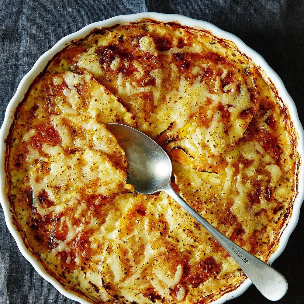 Autumn root vegetable gratin with herbs and cheese