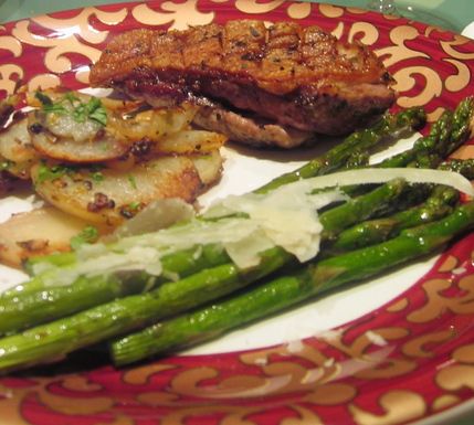 Tarragon Seared Duck Breast; Potatoes Sauteed in Duck Fat; Roasted Asparagus w/ Shaved Pecorino & Baby Chocolate Souffle
