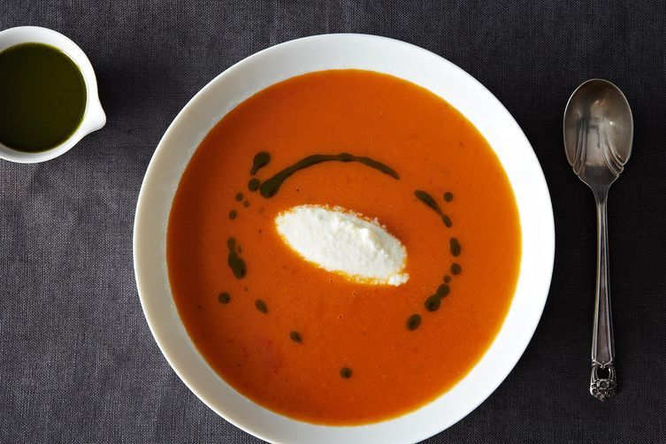 Roasted Tomato, Whipped Burrata, and Basil Oil Soup on Food52