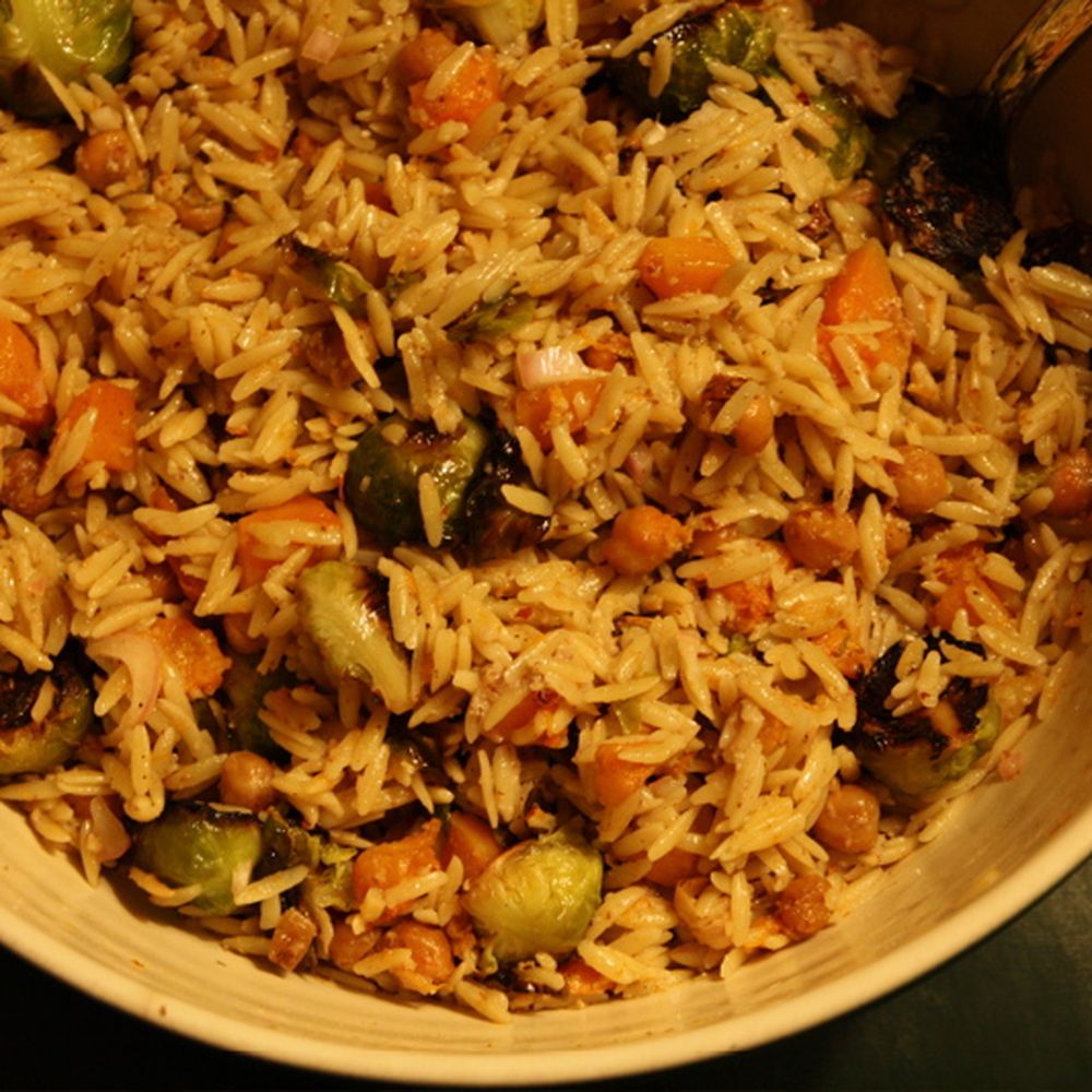 squash & sprout orzo salad with ginger-walnut dressing