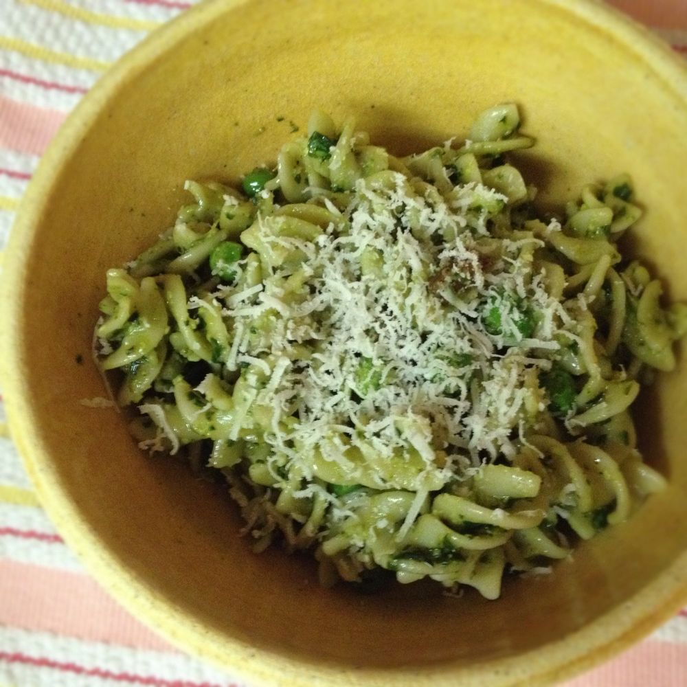 fusilli with pesto, pancetta, and peas