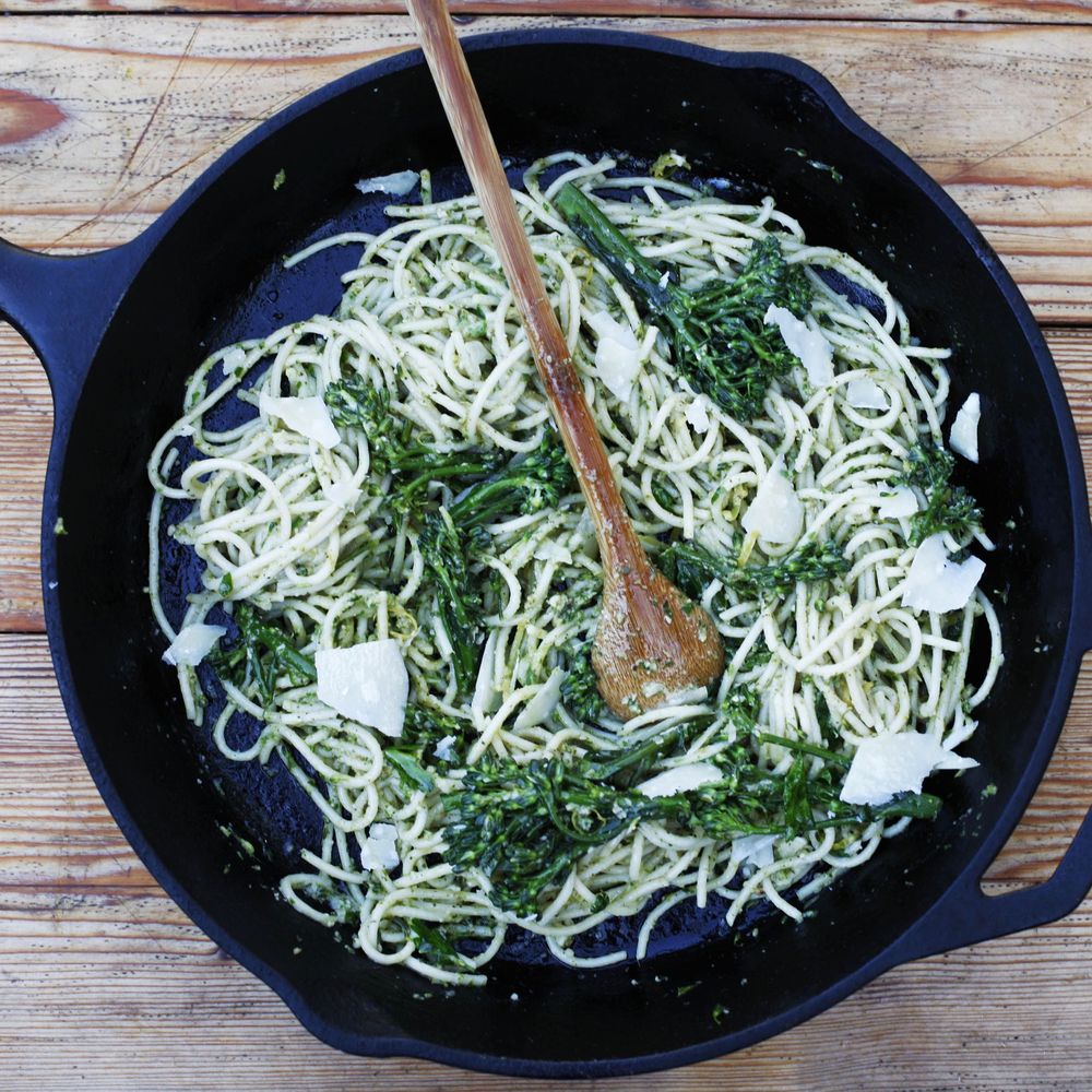pasta with broccolini pesto and crème fraîche