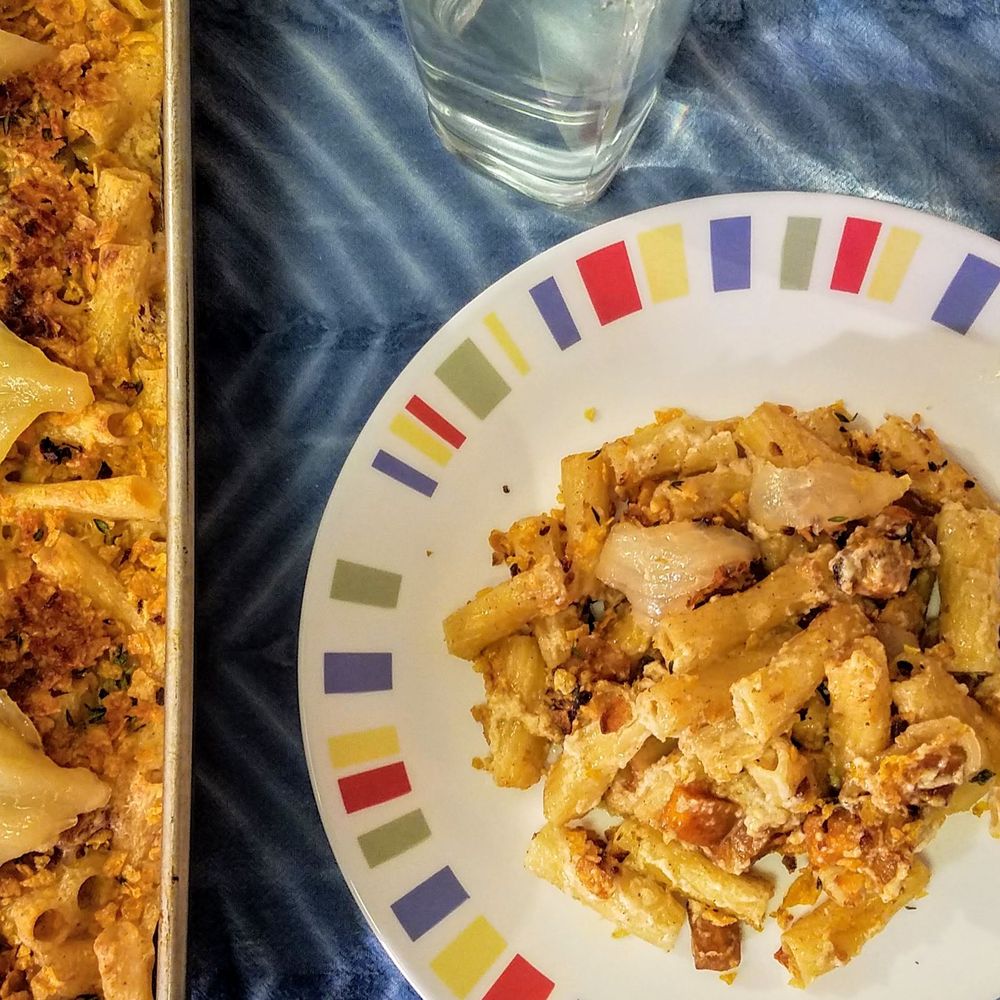 gorgonzola macaroni and cheese with butternut squash and pickled pears