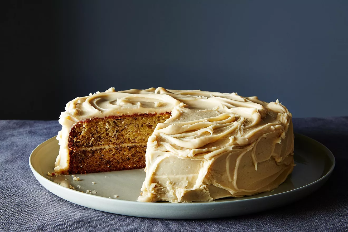 banana cake with penuche frosting