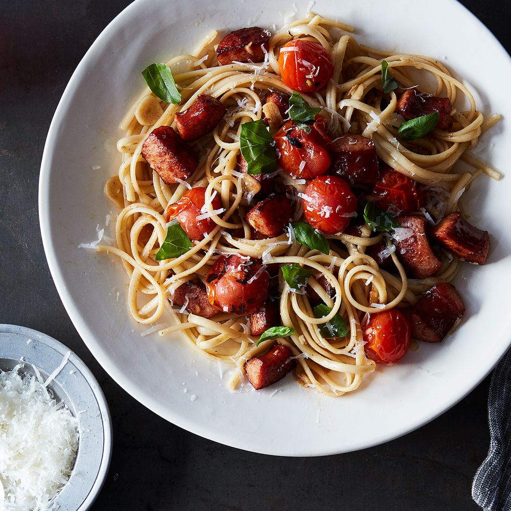 linguine with blistered sungold tomatoes, smoked sausage, and basil
