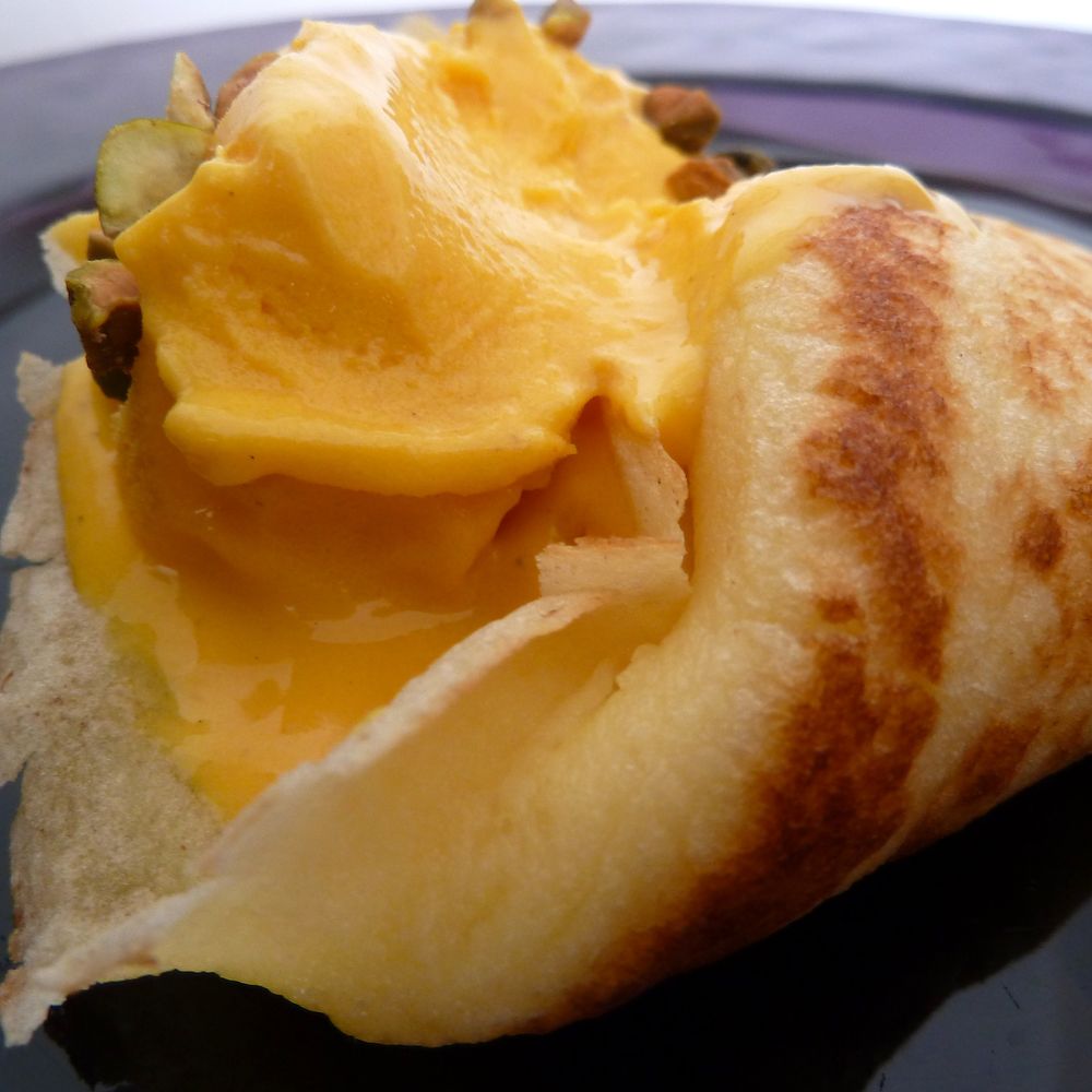 sweet dosas with frozen mango-cardamom lassi