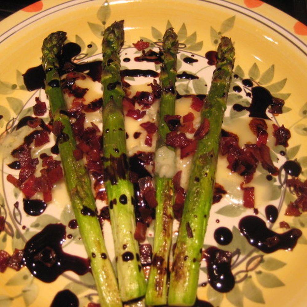 Roasted asparagus with gorgonzola dolce, prosciutto bits and aged balsamic vinegar