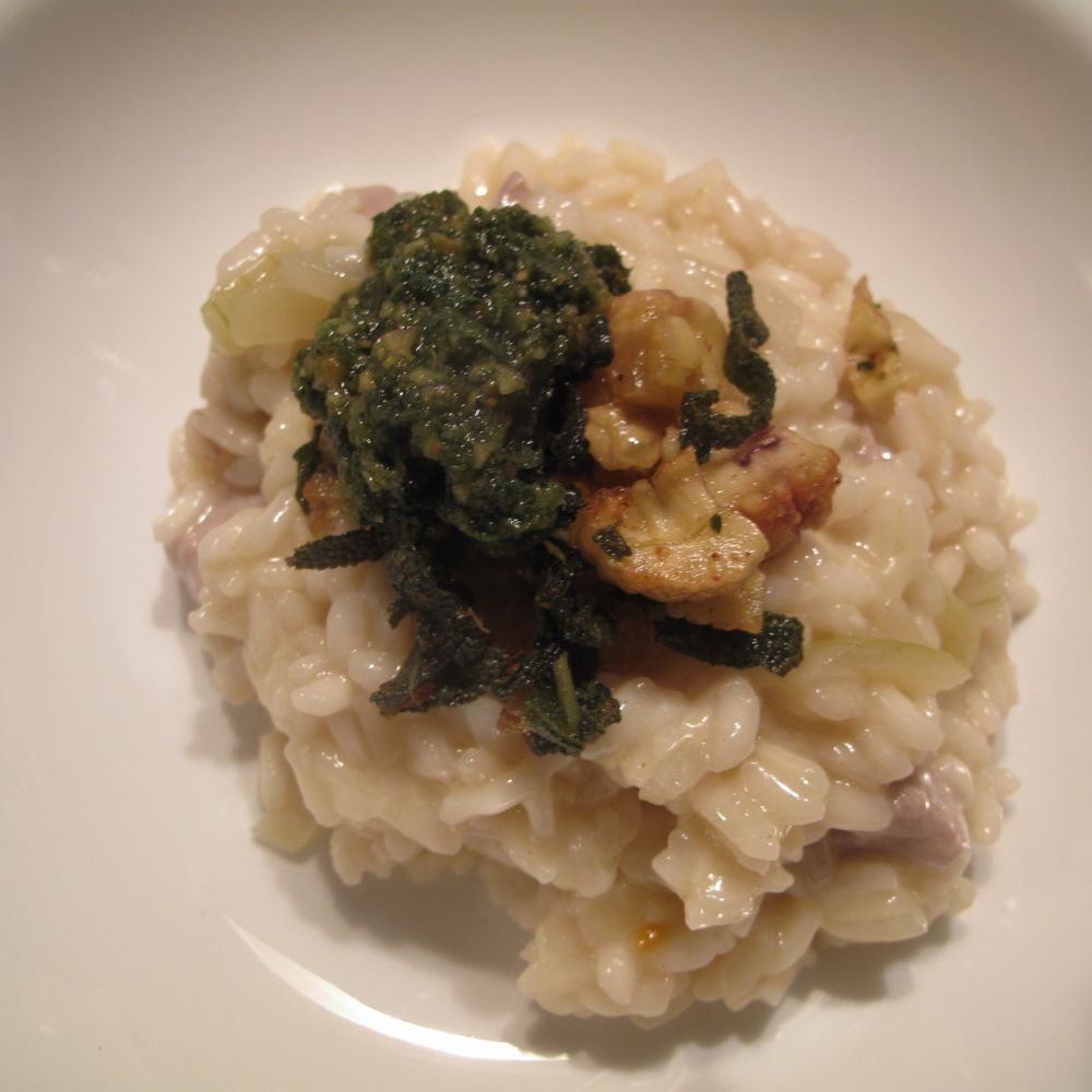 pork & cider risotto with sage pesto and fried sage and chestnut topping