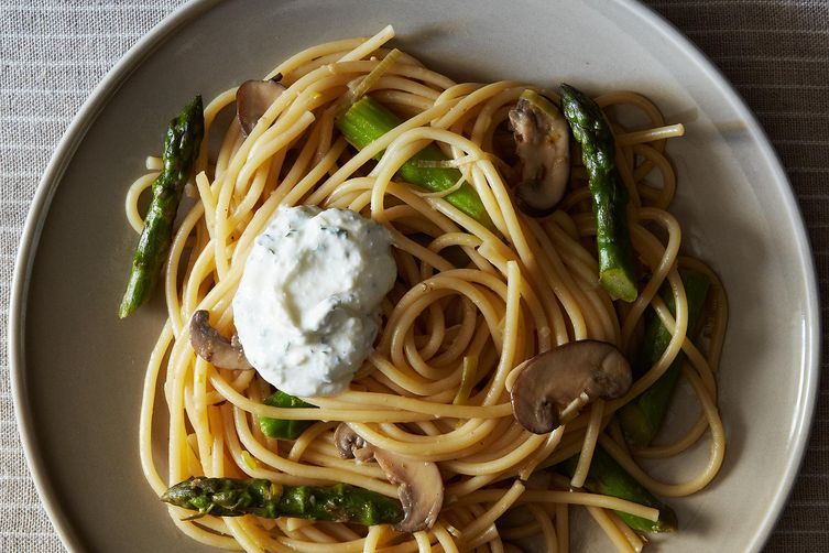 Lemony Asparagus Pasta with Mushrooms and Herbed Ricotta from Food52