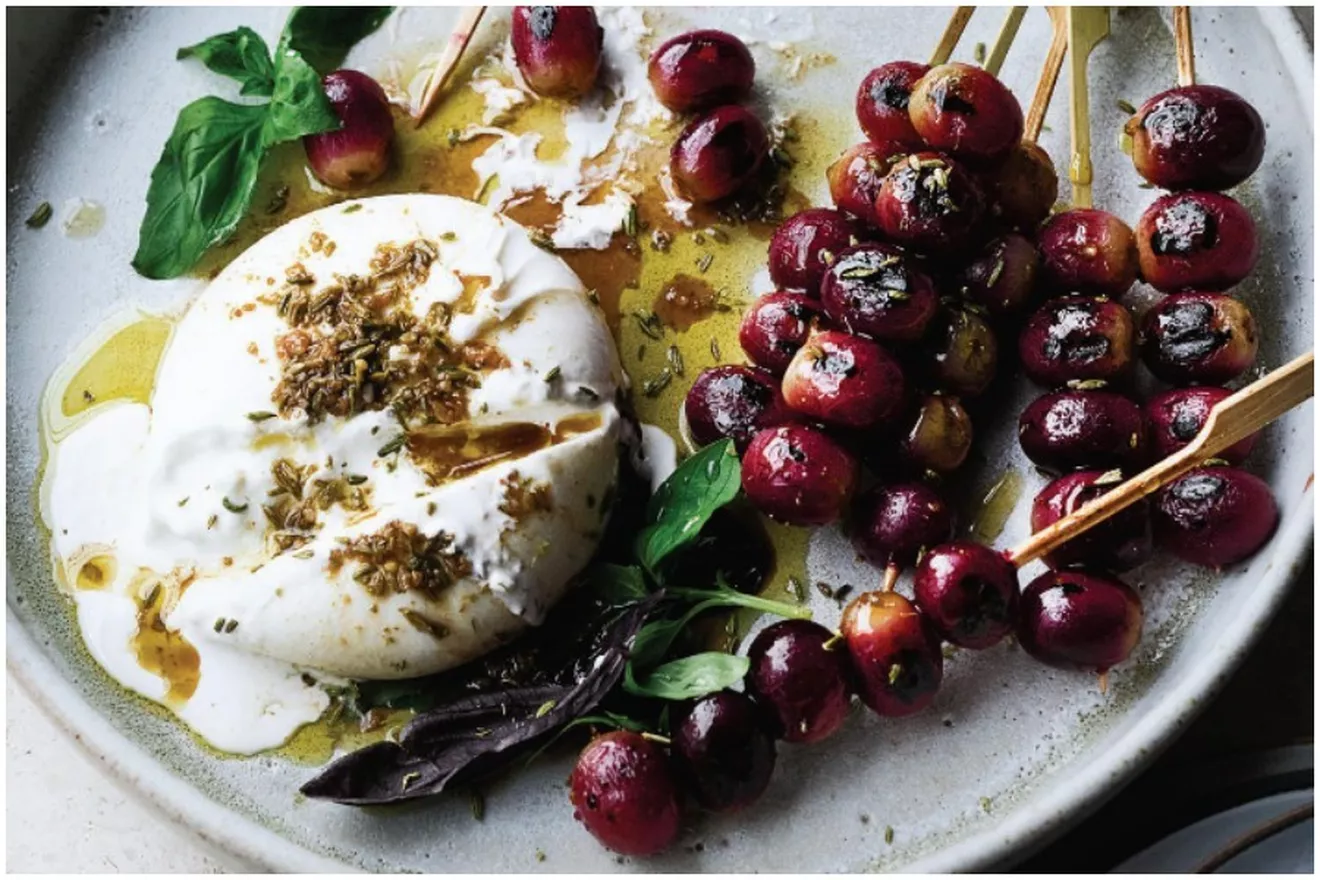 burrata with grilled grapes and basil