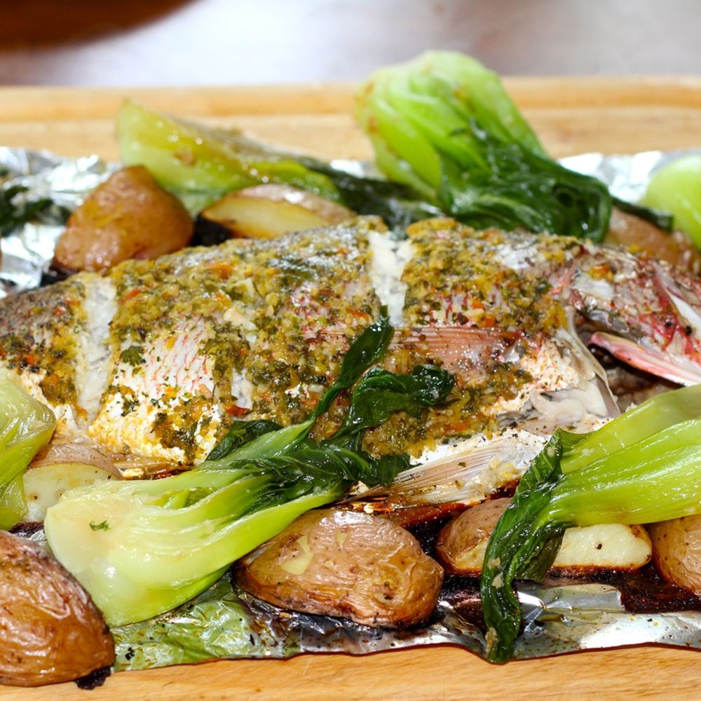 Asian inspired roasted red snapper & braised bok choi