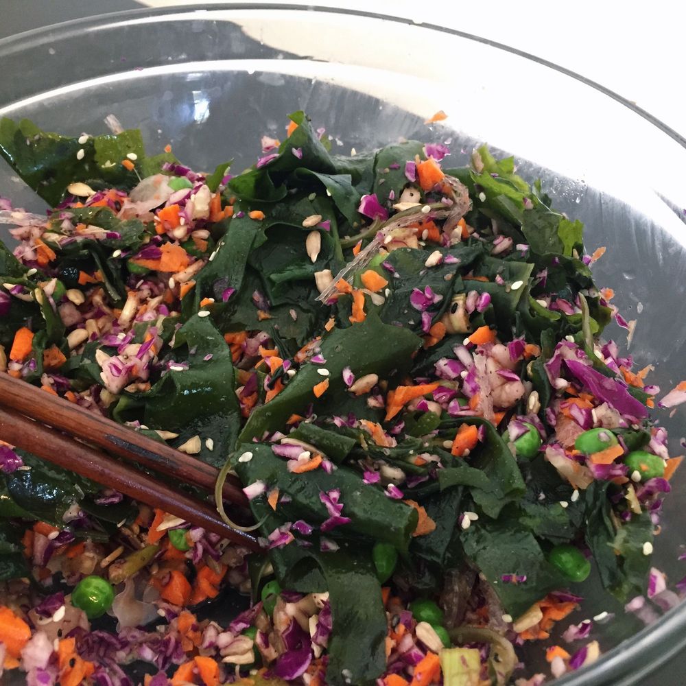 seaweed (wakame) colorful confetti salad with sweet black sesame dressing