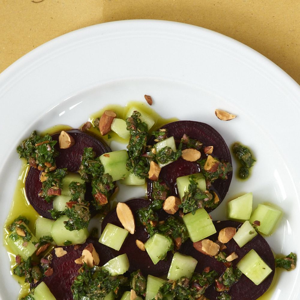 Beet and cucumber salad with toasted almond salsa verde