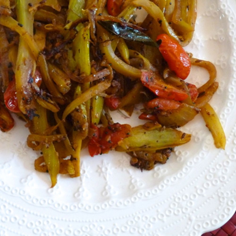 spiced fennel and cabbage with tomato and curry leaves