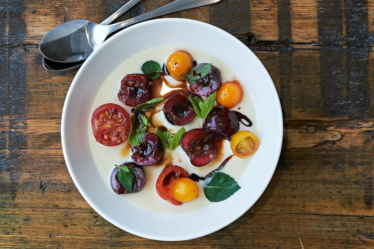 Extra Fraude Wreedheid Basil Parmesan Panna Cotta with Cherries and Tomato Recipe on Food52